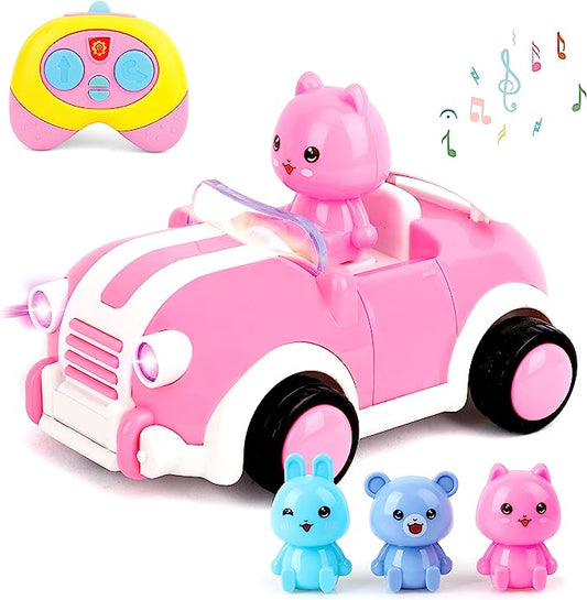 Coche RC para niños pequeños color rosa con música y giro aleatorio