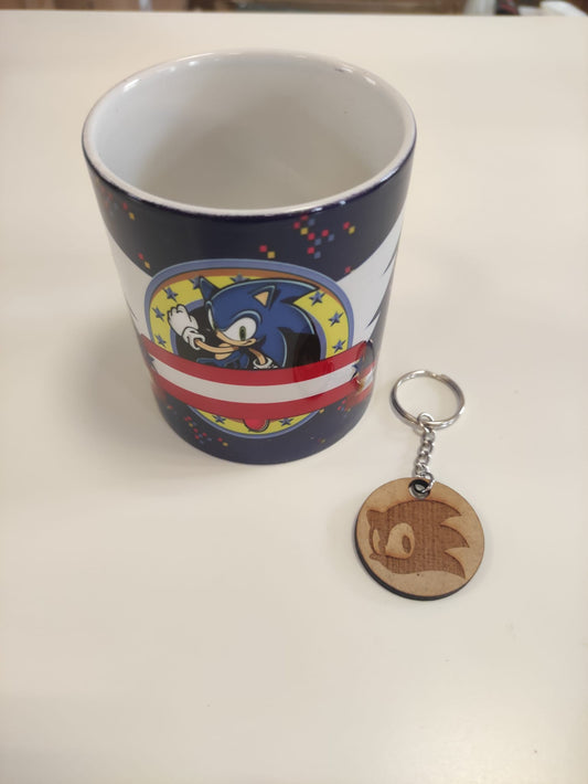 Sonic mug and wooden keychain as a gift